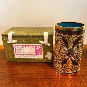 Cloisonné Enamel Gold Floral Brush Pot Pen Pencil Holder with Box